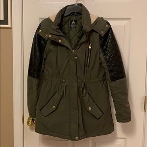 Green Winter Coat with Leather Detail